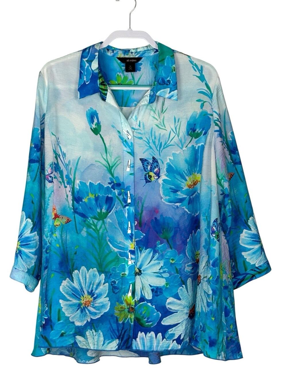 Ali Miles Button Up Tunic Top Floral Butterfly Print Colorful Garden Art Size 1X